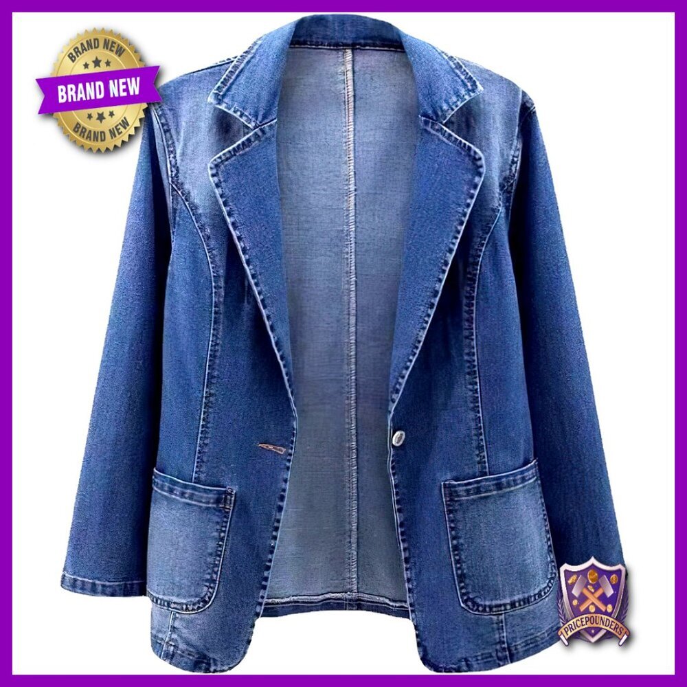 Classic Denim Blazer Slim Fit Notch Lapel Office Chic Versatile Jacket